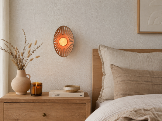 A warm, bohemian-style oval wall sconce with a sunburst design glowing with orange light, mounted on a textured cream wall above a wooden nightstand in a bedroom setting.