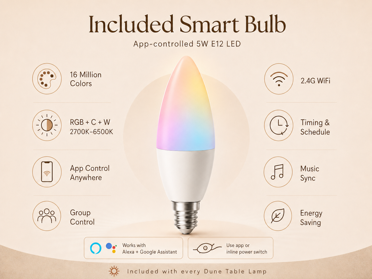 Infographic for the Dune table lamp showing the included smart bulb, app control, dimming, color settings, schedules, voice control, and inline switch.
