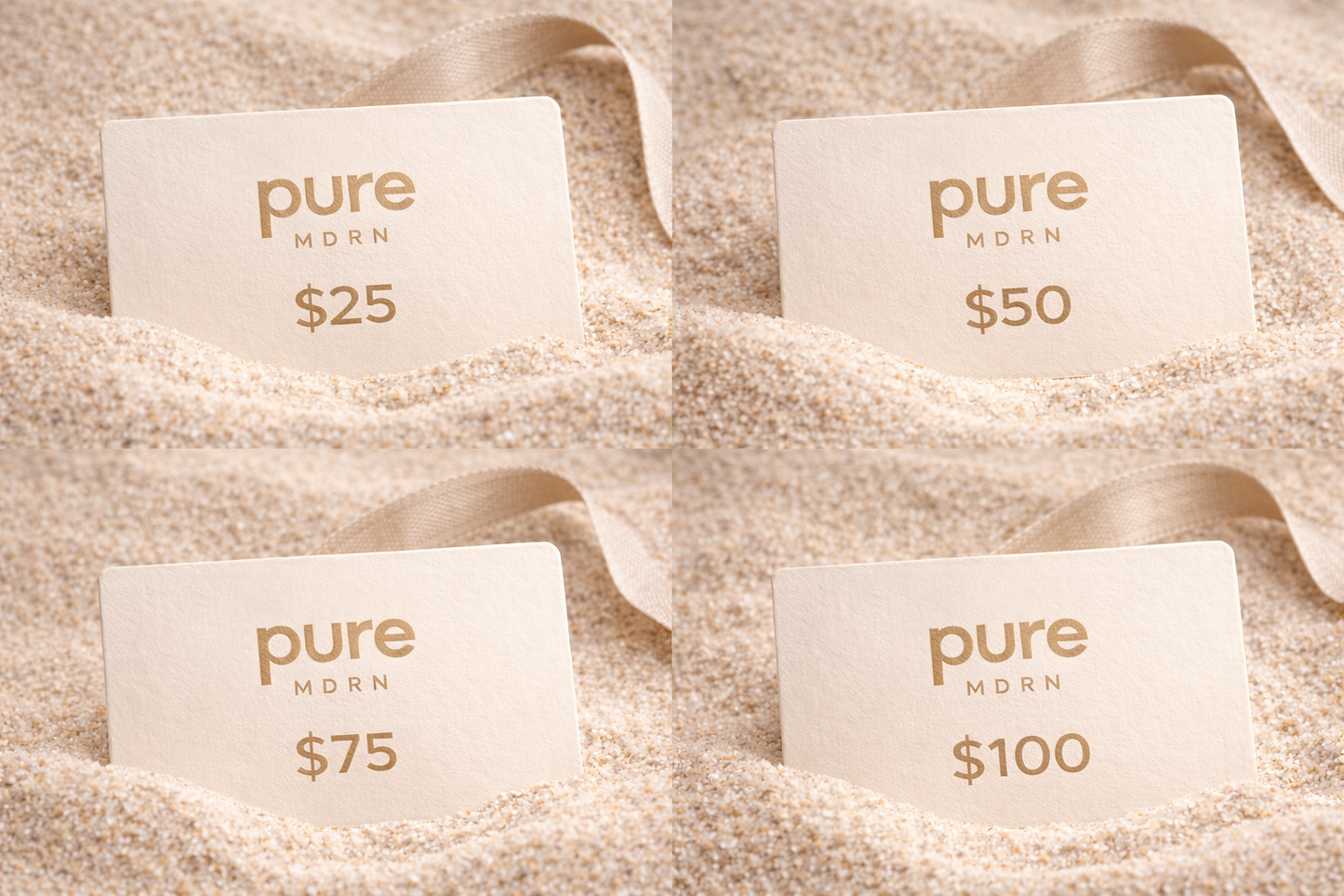 Pure MDRN digital gift card denomination options shown in a minimalist sand-toned setting, including $25, $50, $75, and $100 amounts.