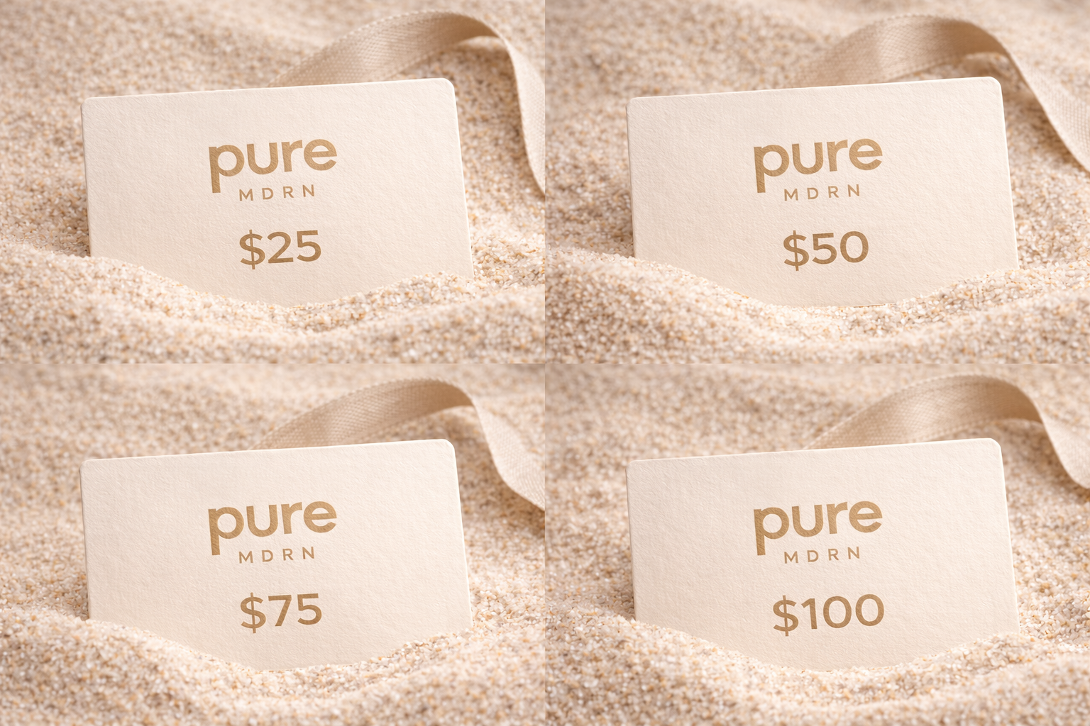 Pure MDRN digital gift card denomination options shown in a minimalist sand-toned setting, including $25, $50, $75, and $100 amounts.