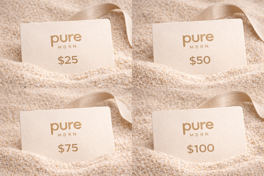 Pure MDRN digital gift card denomination options shown in a minimalist sand-toned setting, including $25, $50, $75, and $100 amounts.