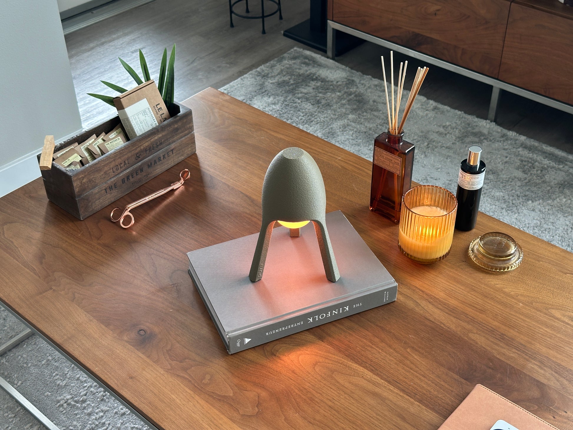Soma wireless lamp on media console in living room, ambient mood lighting, modern home decor accent