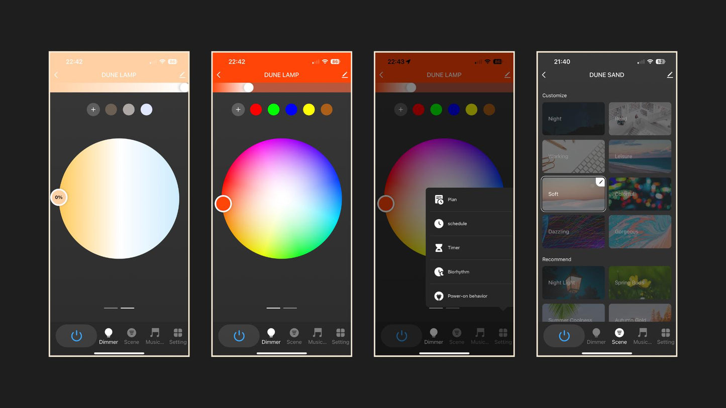 Smartphone app screens showing color, brightness, white temperature, timer, and schedule controls for the Dune mood lighting.
