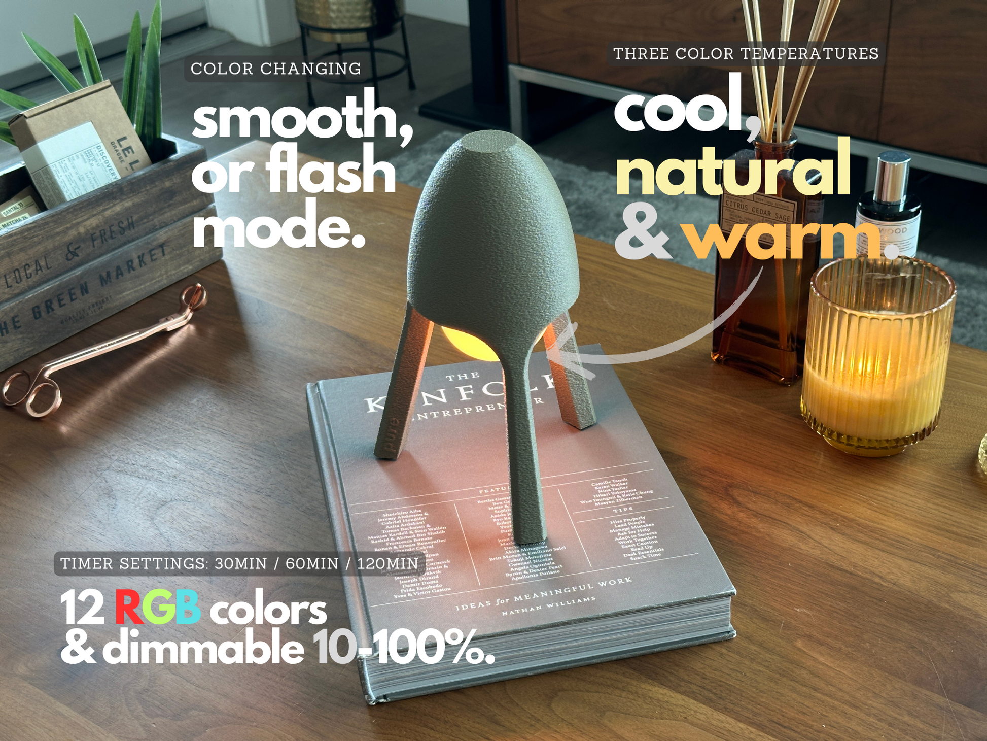 Color-changing lamp on a magazine with text describing features on a wooden surface.